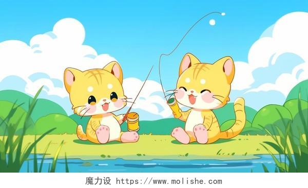两只小猫在河边钓鱼儿童故事AI插画